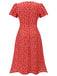[Plus Size] Red 1940s Floral V-Neck Added Button Dress