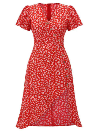 [Plus Size] Red 1940s Floral V-Neck Added Button Dress
