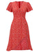 [Plus Size] Red 1940s Floral V-Neck Added Button Dress