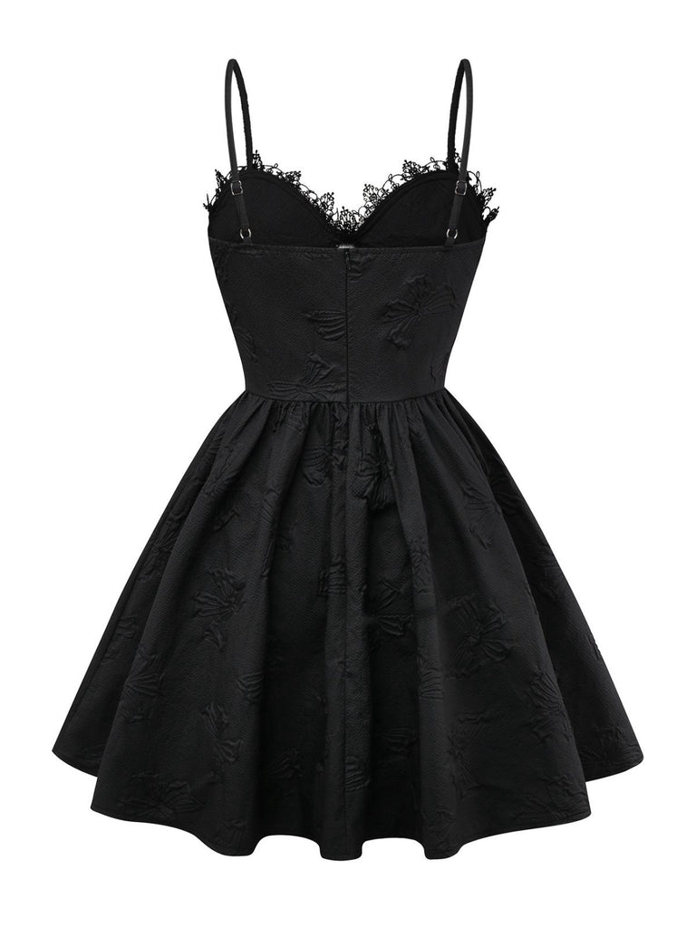 Black 1960s Gothic 3D-Rose Jacquard Lace-Up Dress