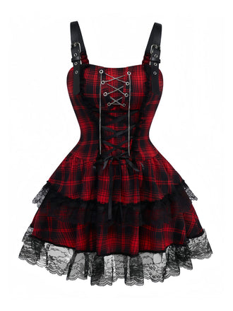 Red 1980s Gothic Lace Patchwork Plaid Dress