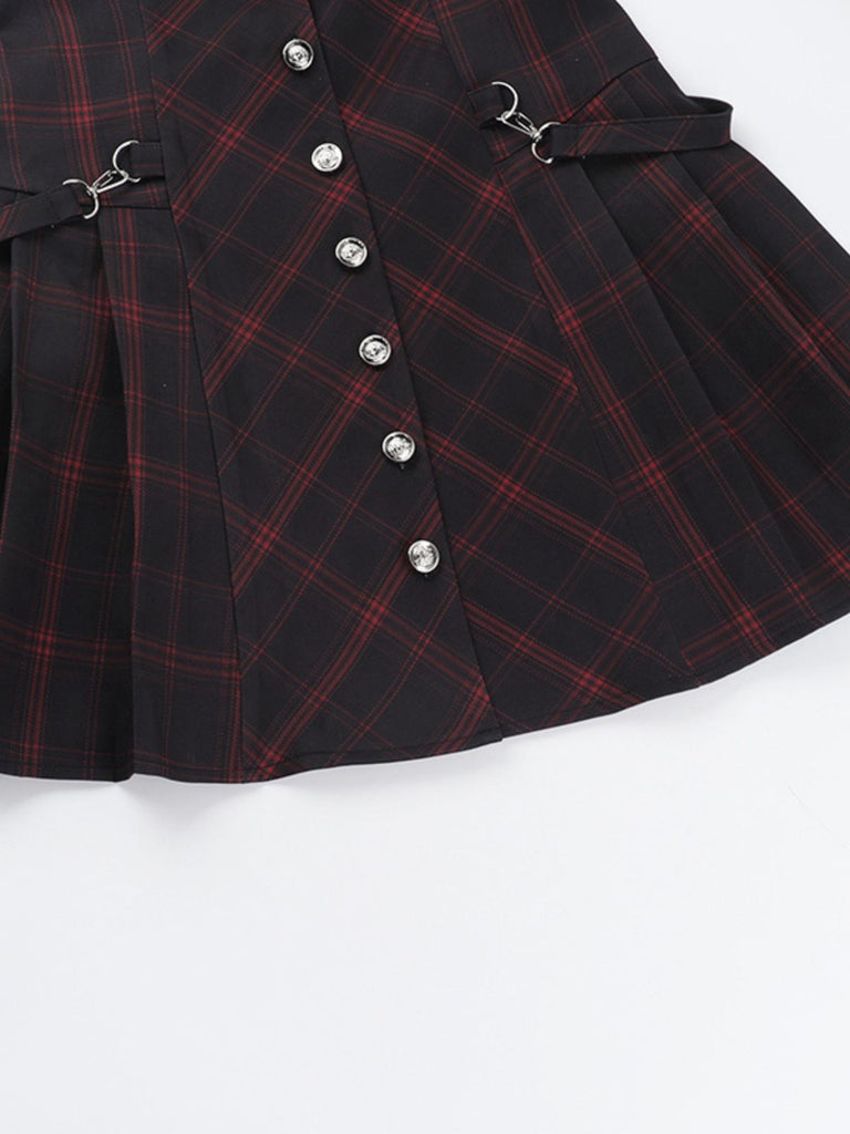 Wine Red 1960s Punk Lapel A-Line Plaid Dress