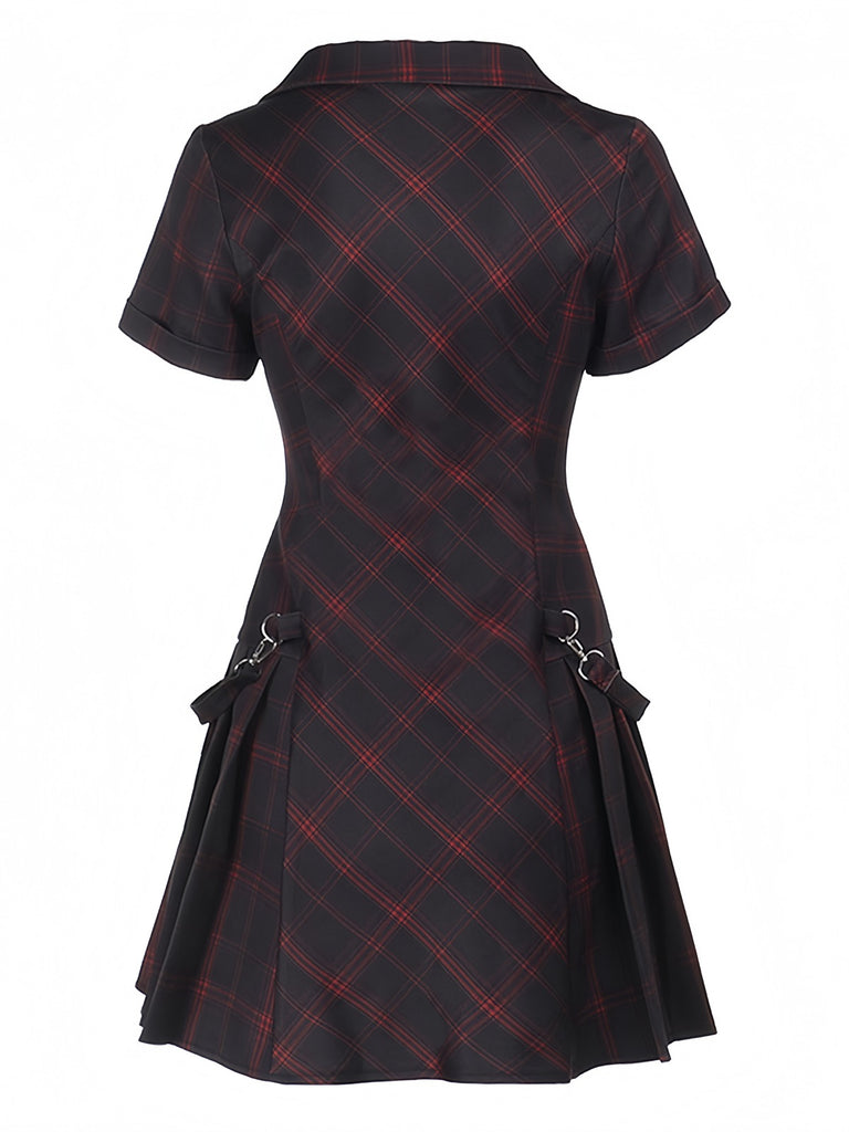 Wine Red 1960s Punk Lapel A-Line Plaid Dress