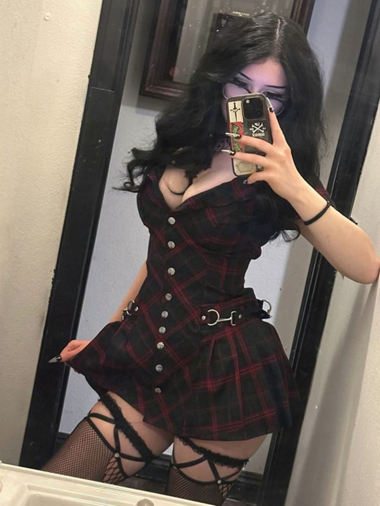 Wine Red 1960s Punk Lapel A-Line Plaid Dress