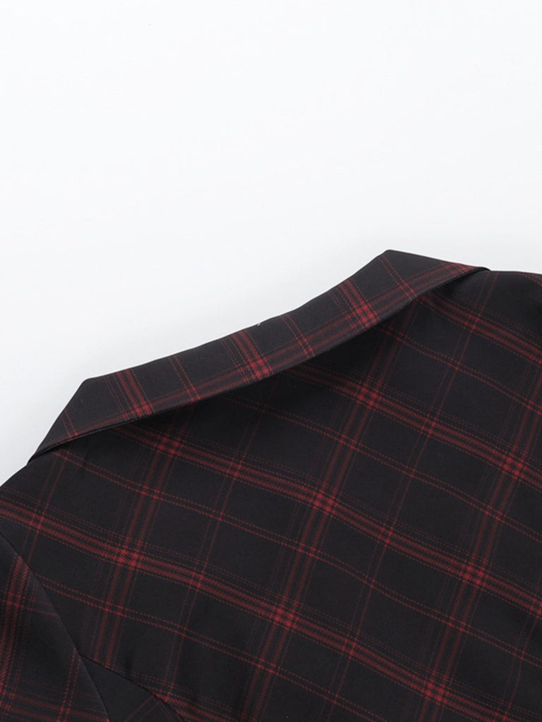 Wine Red 1960s Punk Lapel A-Line Plaid Dress