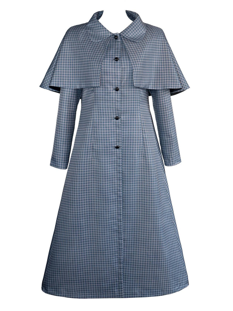 Blue 1940s Wednesday Plaid Cape Trench Coat