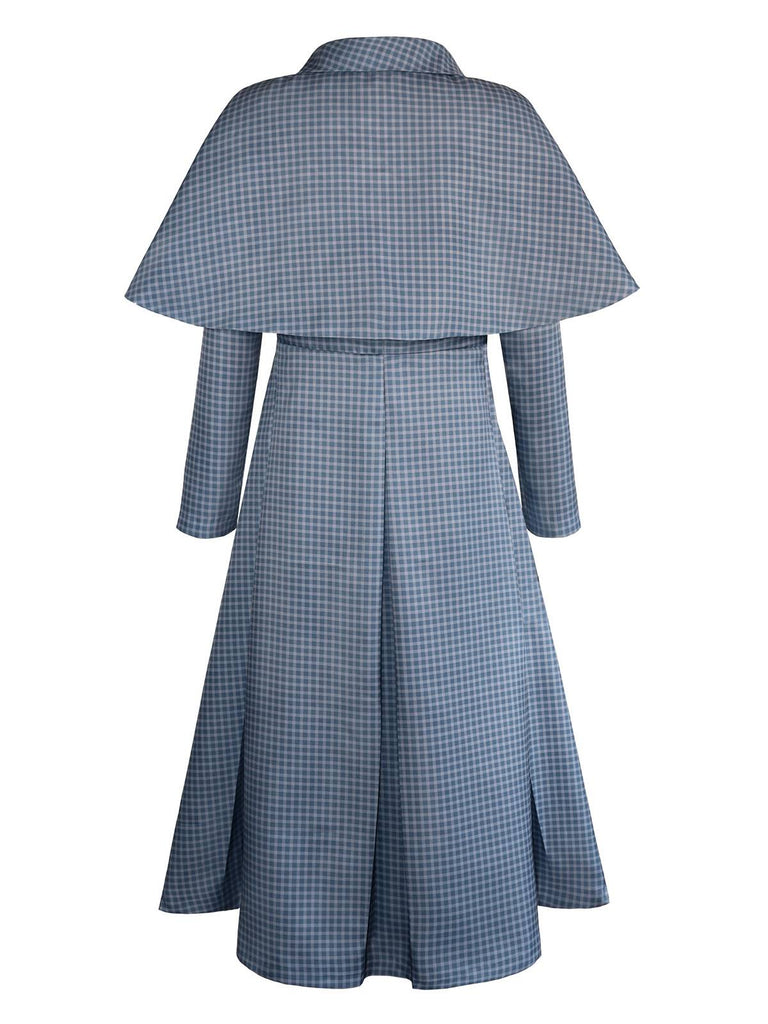 Blue 1940s Wednesday Plaid Cape Trench Coat