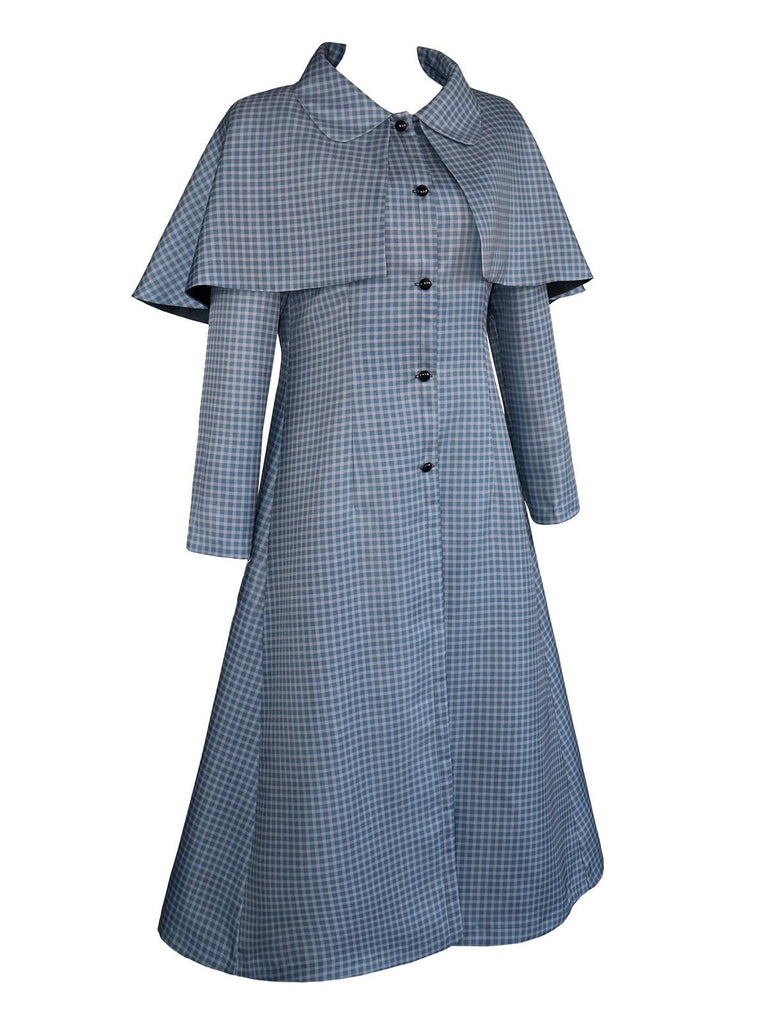Blue 1940s Wednesday Plaid Cape Trench Coat