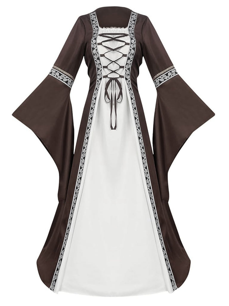 Khaki 1930s Halloween Medieval Bell Sleeve Floral Dress