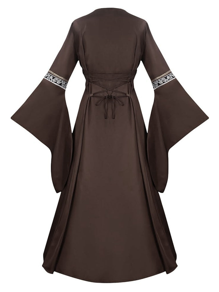 Khaki 1930s Halloween Medieval Bell Sleeve Floral Dress