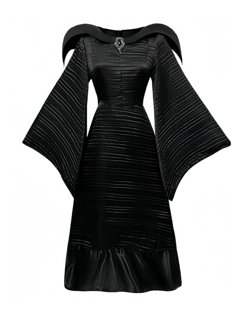 Black 1930s Halloween Maleficent Batwing Sleeve Dress Set