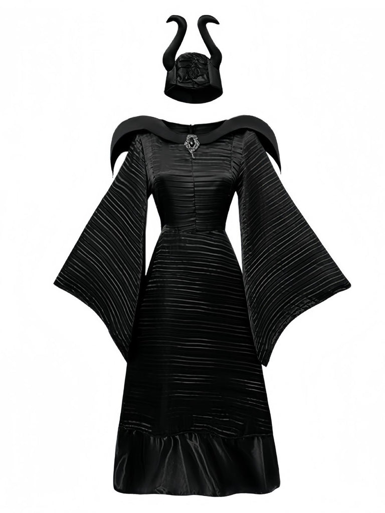 Black 1930s Halloween Maleficent Batwing Sleeve Dress Set
