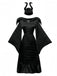 Black 1930s Halloween Maleficent Batwing Sleeve Dress Set