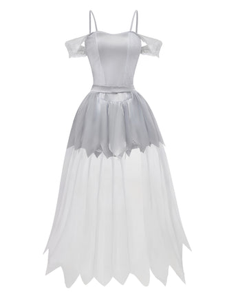 White 1960s Halloween Zombie Bride Lace Mesh Dress