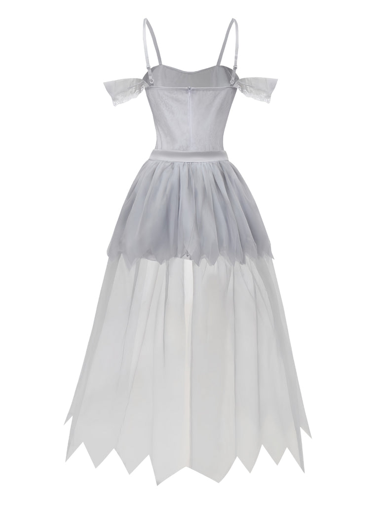 White 1960s Halloween Zombie Bride Lace Mesh Dress