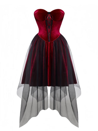 Burgundy 1960s Gothic Mesh Strapless Irregular Hem Dress