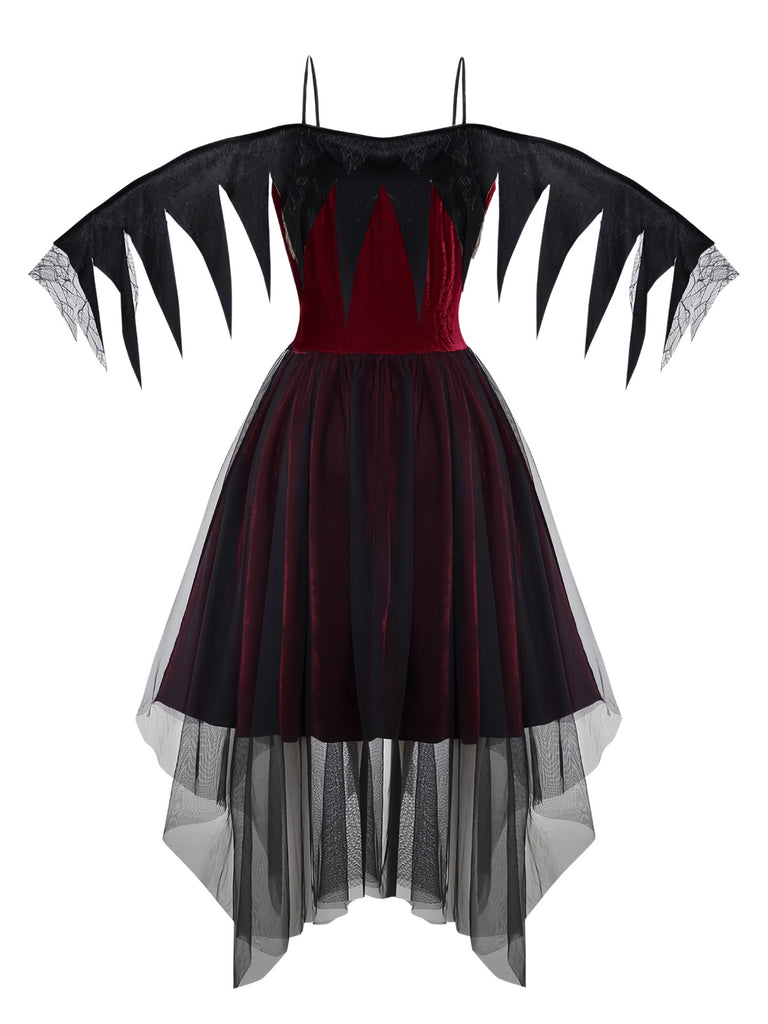 Burgundy 1960s Gothic Mesh Strapless Irregular Hem Dress