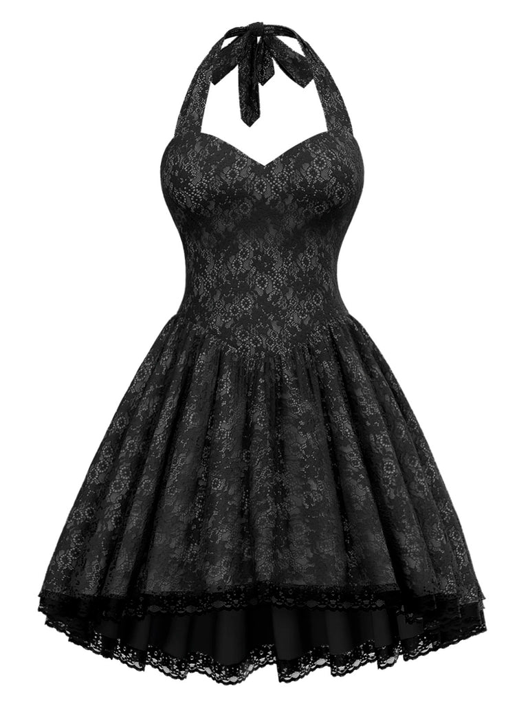 [Pre-Sale] Black 1980s Steampunk Floral Lace Halter Dress