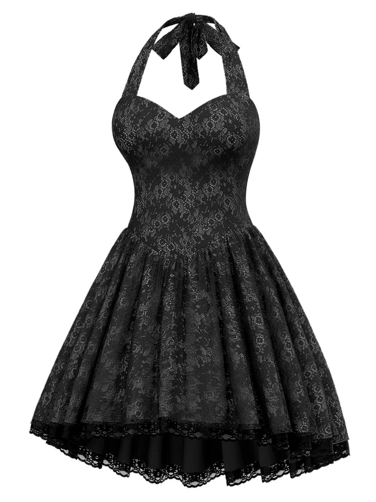 [Pre-Sale] Black 1980s Steampunk Floral Lace Halter Dress