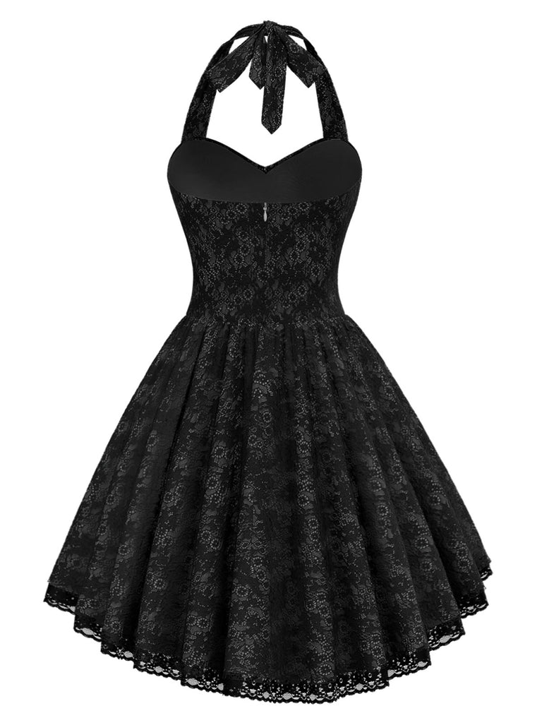 [Pre-Sale] Black 1980s Steampunk Floral Lace Halter Dress