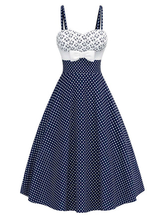 Blue 1950s Embroidered Floral Polka Dot Dress