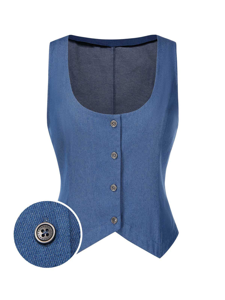[Pre-Sale] Blue 1970s Solid Denim U-Neck Sleeveless Button Vest