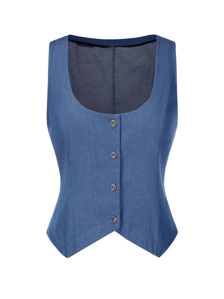 [Pre-Sale] 2PCS 1970s Solid Denim Vest & Embroidered Puff Dress