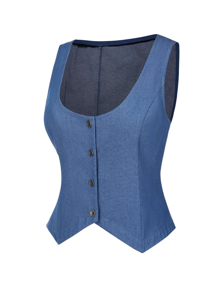 [Pre-Sale] 2PCS 1970s Solid Denim Vest & Embroidered Puff Dress