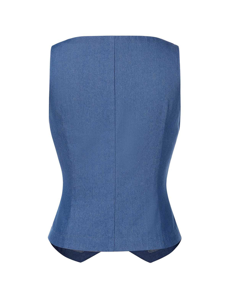 [Pre-Sale] 2PCS 1970s Solid Denim Vest & Embroidered Puff Dress