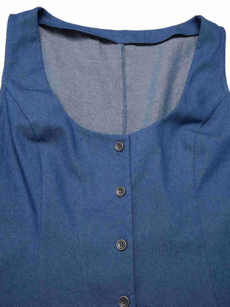 [Pre-Sale] 2PCS 1970s Solid Denim Vest & Embroidered Puff Dress