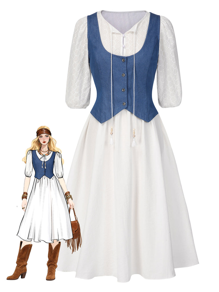 [Pre-Sale] 2PCS 1970s Solid Denim Vest & Embroidered Puff Dress