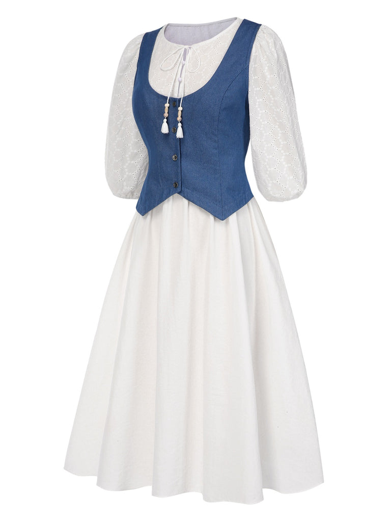 [Pre-Sale] 2PCS 1970s Solid Denim Vest & Embroidered Puff Dress