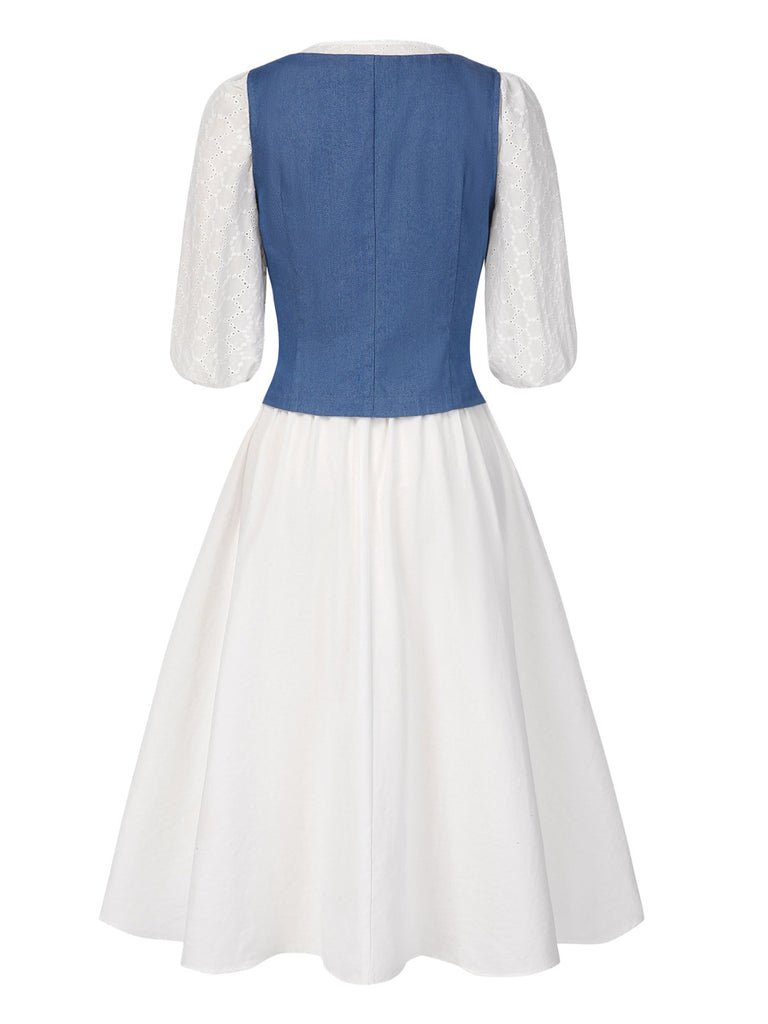 [Pre-Sale] 2PCS 1970s Solid Denim Vest & Embroidered Puff Dress
