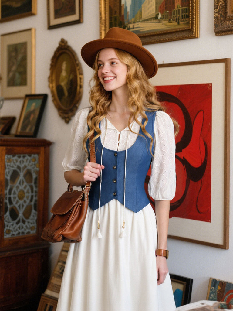 [Pre-Sale] 2PCS 1970s Solid Denim Vest & Embroidered Puff Dress
