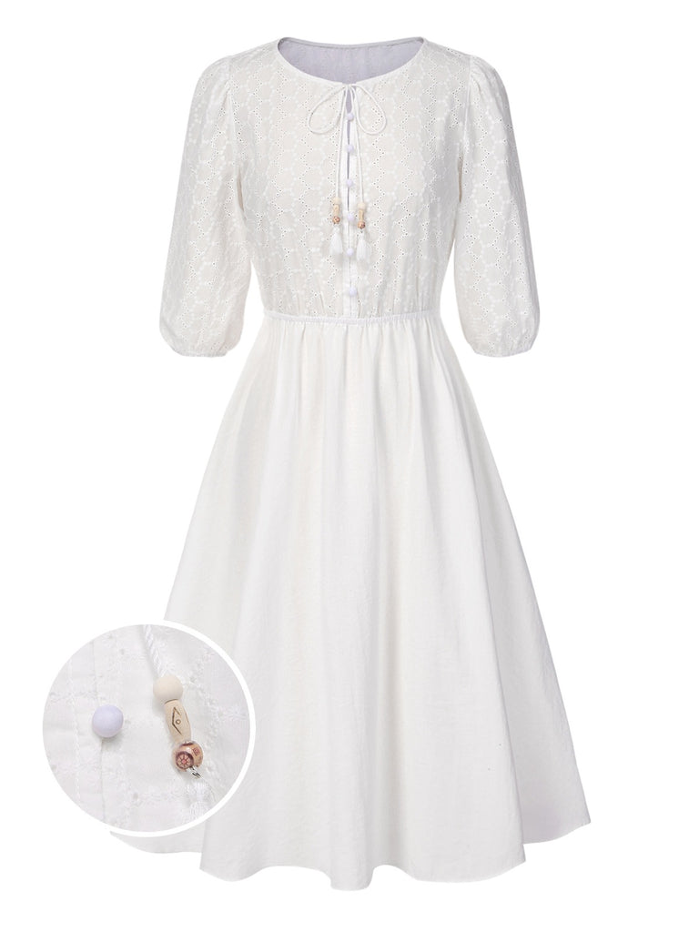 [Pre-Sale] White 1970s Solid Embroidered Puff Sleeve Button Dress