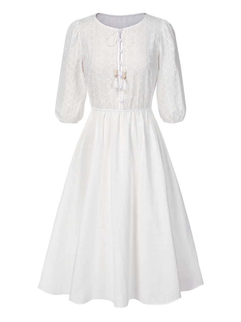 [Pre-Sale] 2PCS 1970s Solid Denim Vest & Embroidered Puff Dress