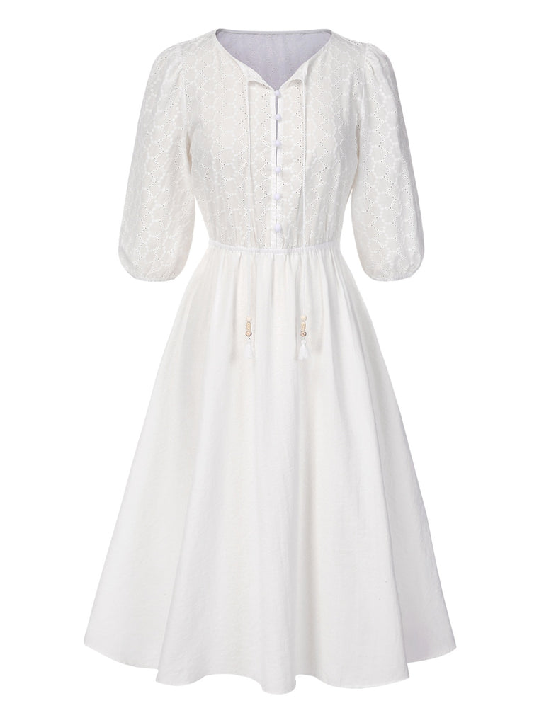 [Pre-Sale] 2PCS 1970s Solid Denim Vest & Embroidered Puff Dress