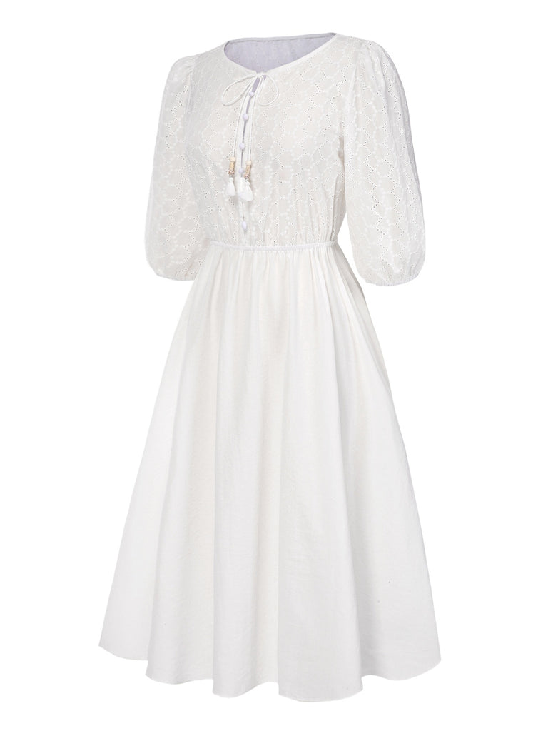 [Pre-Sale] 2PCS 1970s Solid Denim Vest & Embroidered Puff Dress