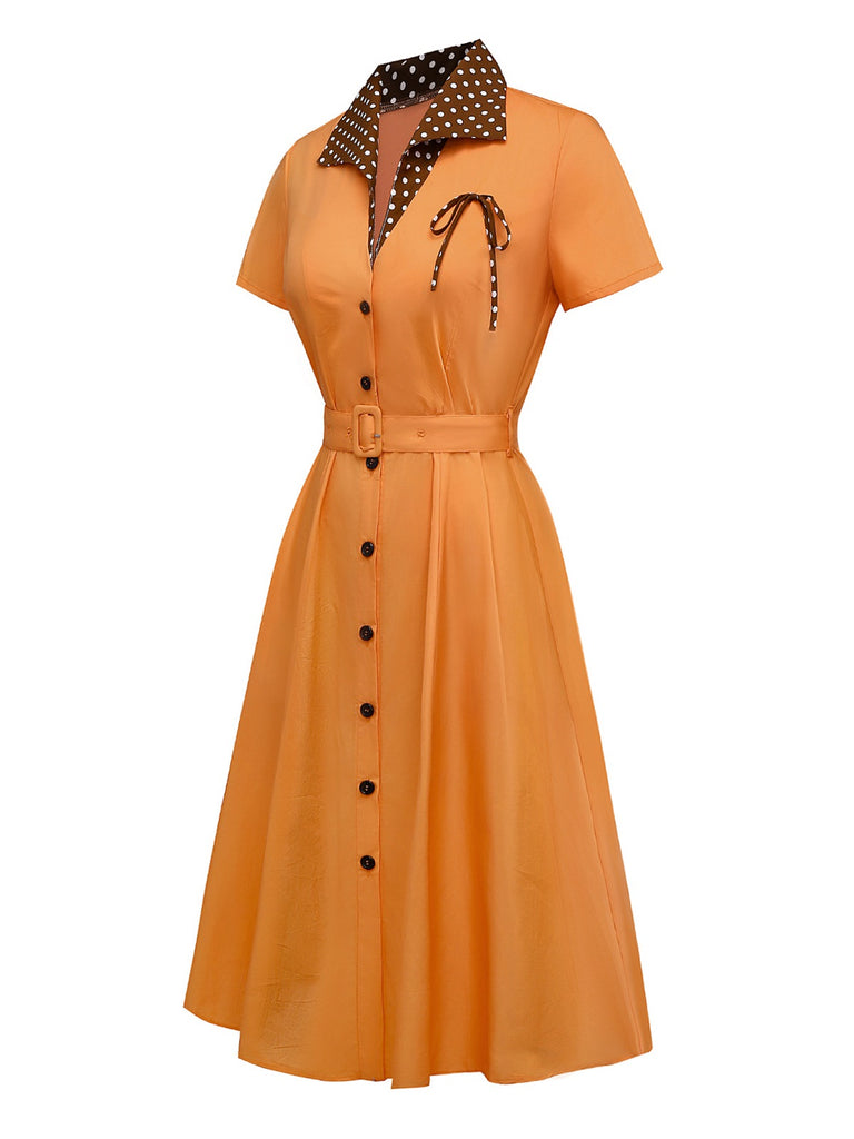 [Pre-Sale] Orange 1940s Cotton Polka Dot Lapel Bow Dress