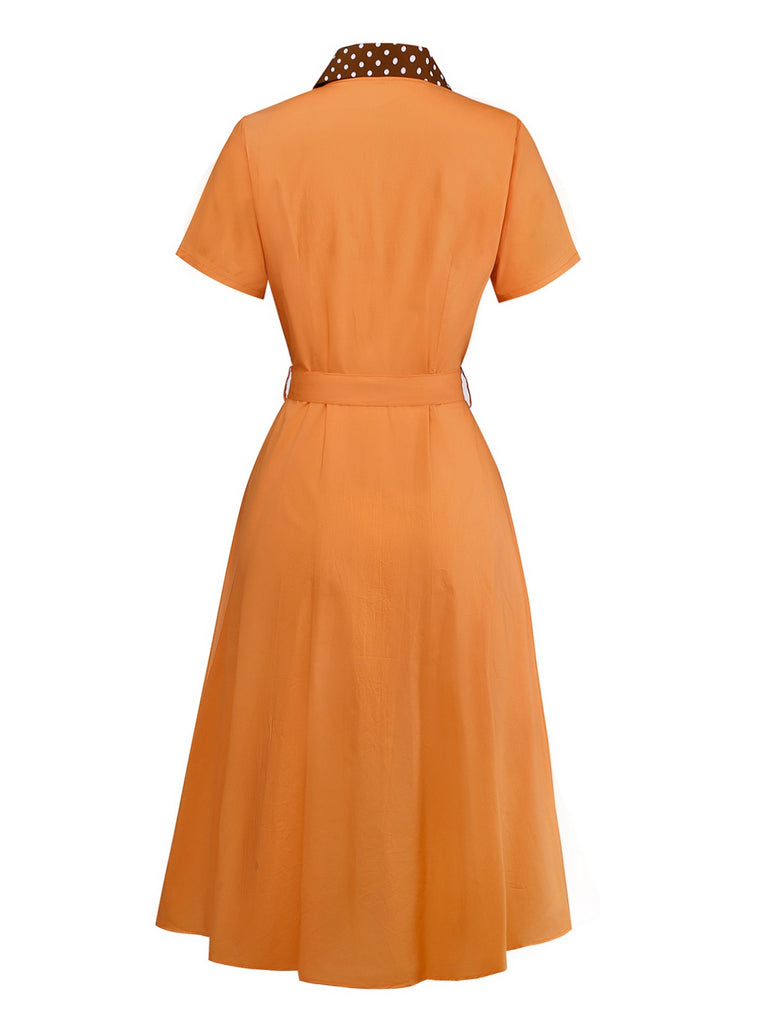 [Pre-Sale] Orange 1940s Cotton Polka Dot Lapel Bow Dress