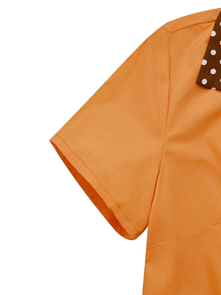 [Pre-Sale] Orange 1940s Cotton Polka Dot Lapel Bow Dress