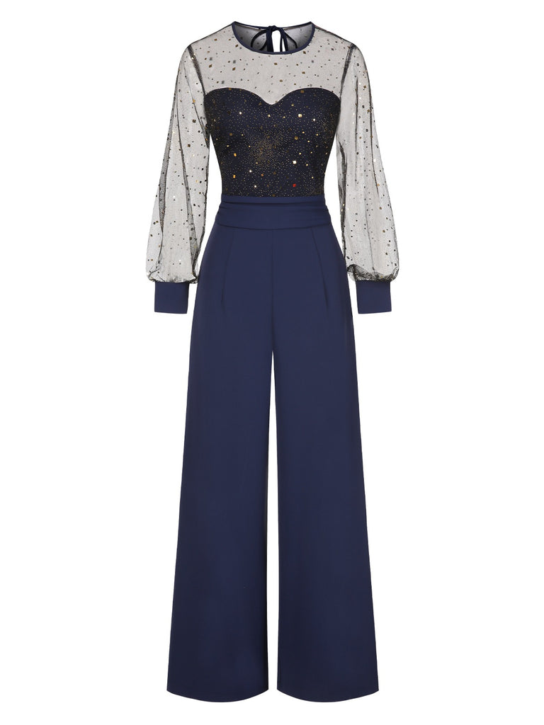 [Pre-Sale] Dark Blue 1960s Glitter Mesh Patchwork Jumpsuit