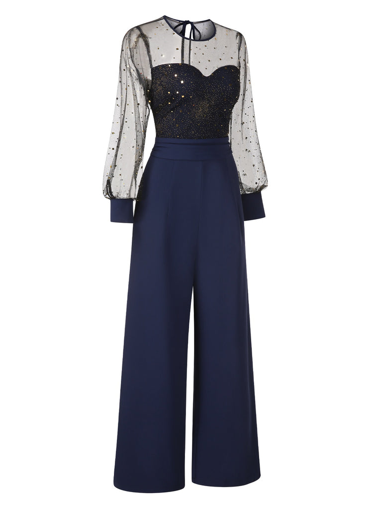 [Pre-Sale] Dark Blue 1960s Glitter Mesh Patchwork Jumpsuit