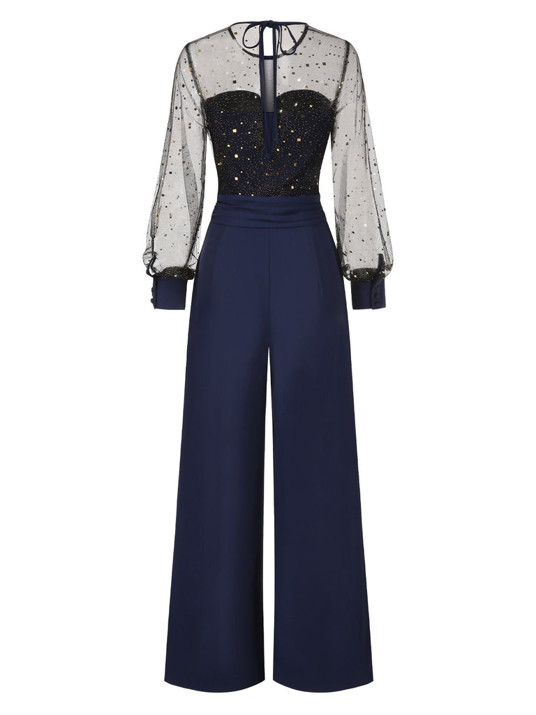 [Pre-Sale] Dark Blue 1960s Glitter Mesh Patchwork Jumpsuit