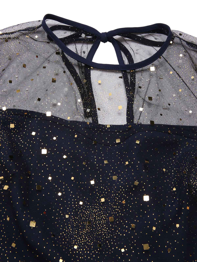 [Pre-Sale] Dark Blue 1960s Glitter Mesh Patchwork Jumpsuit