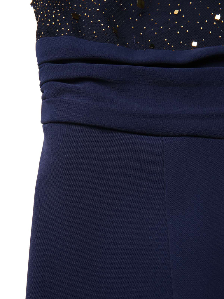 [Pre-Sale] Dark Blue 1960s Glitter Mesh Patchwork Jumpsuit