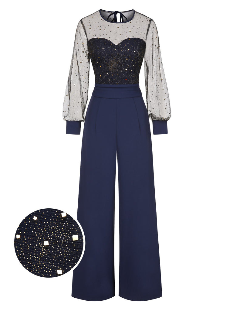 [Pre-Sale] Dark Blue 1960s Glitter Mesh Patchwork Jumpsuit