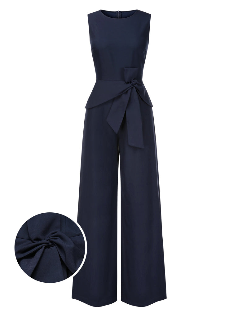 [Pre-Sale] Blue 1940s Solid Ruched Twisted Sleeveless Jumpsuit