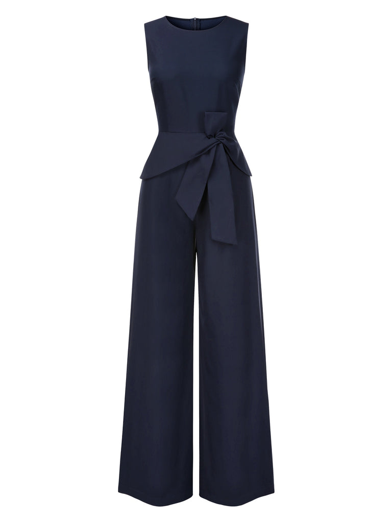 [Pre-Sale] Blue 1940s Solid Ruched Twisted Sleeveless Jumpsuit