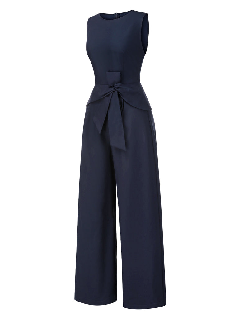 [Pre-Sale] Blue 1940s Solid Ruched Twisted Sleeveless Jumpsuit